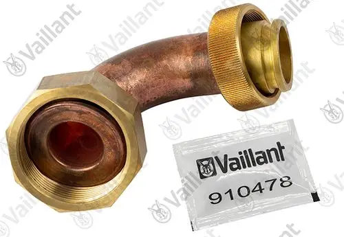 Vaillant Rohr mit 90-Grad-Biegung, aus Kupfer und Messing, mit Befestigungsankern. Verpackt in einem transparenten Beutel.